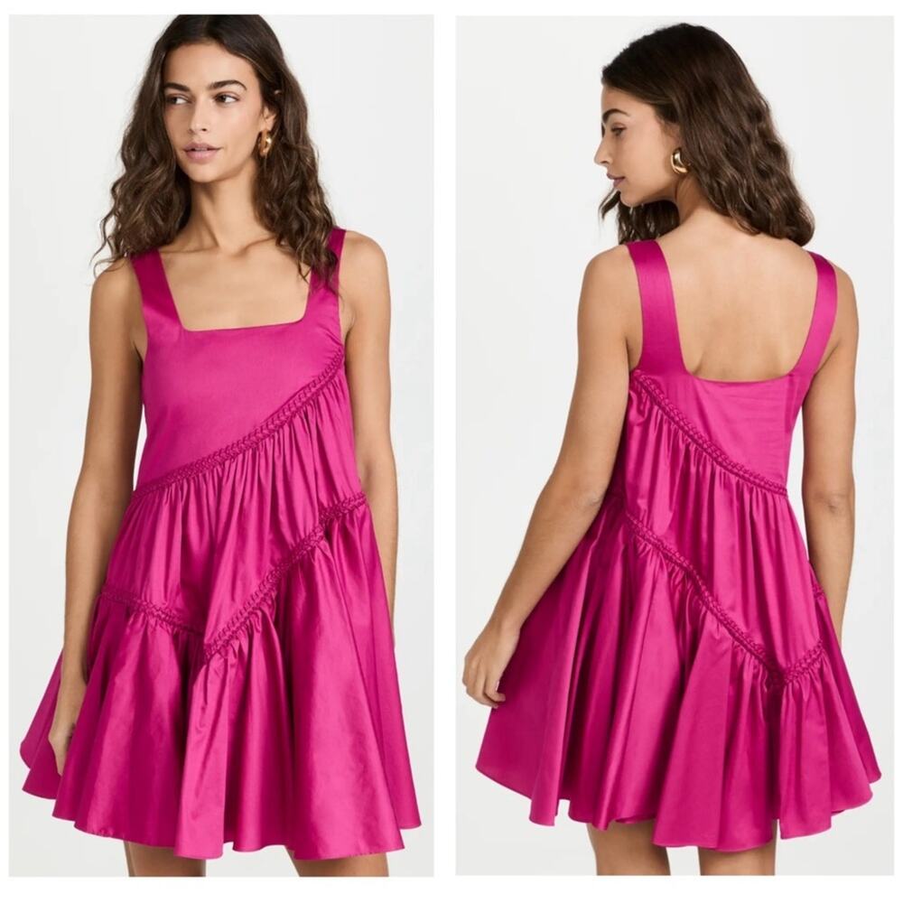 AJE Casabianca Fuchsia Babydoll Mini Dress Braided Trim Pockets Size 2 US